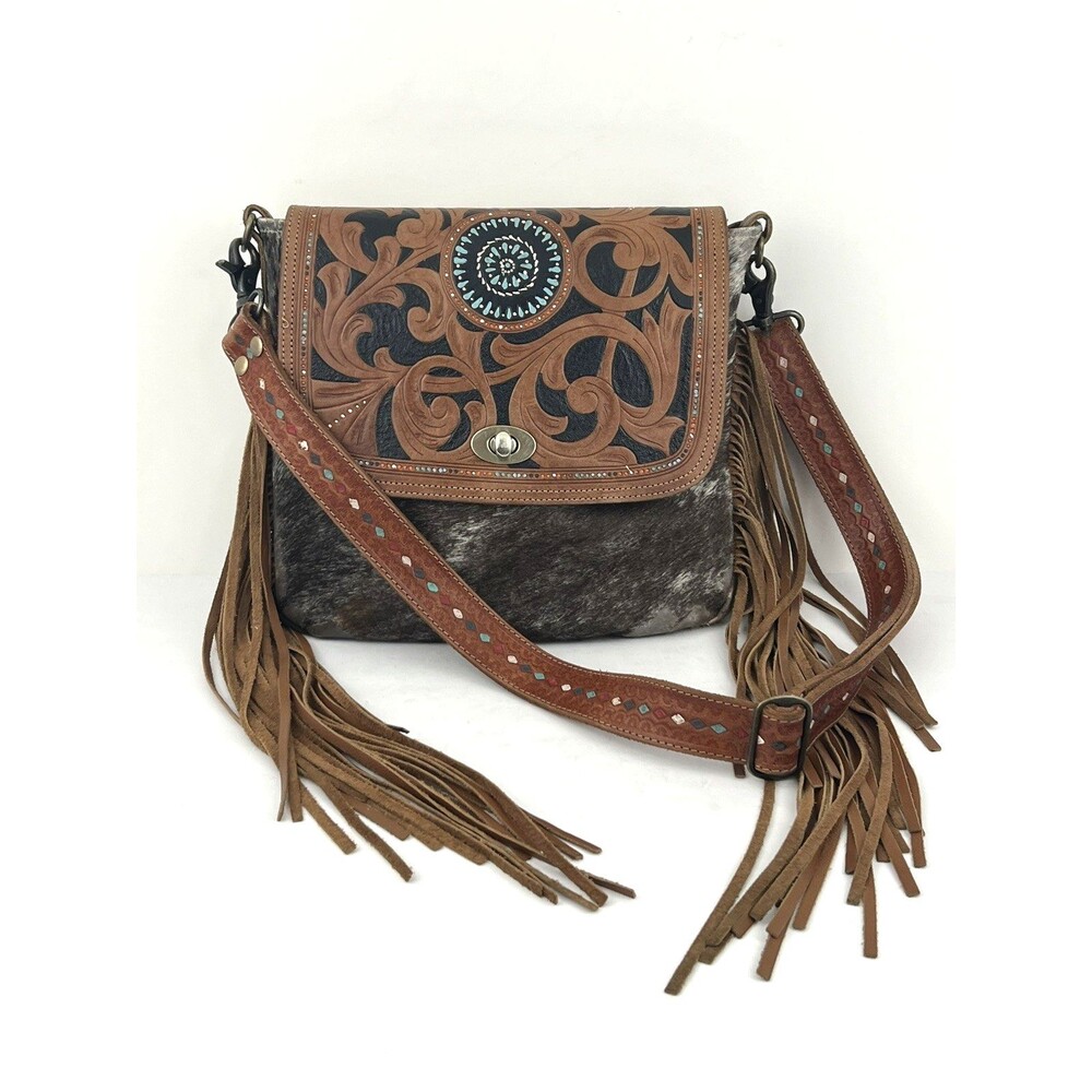 Myra Bag Hair On Hide Tooled Leather Fringe Crossbody Western Shoulder Bag